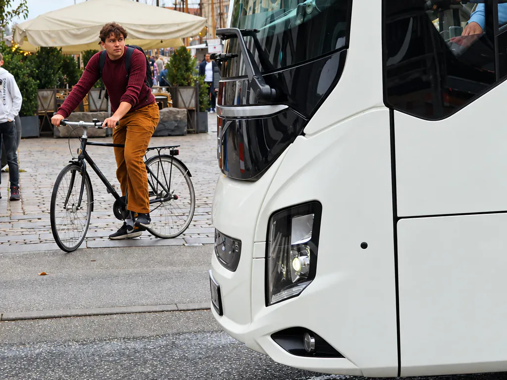 Ônibus da BusCom em uma praça de Copenhague, com um ciclista passando