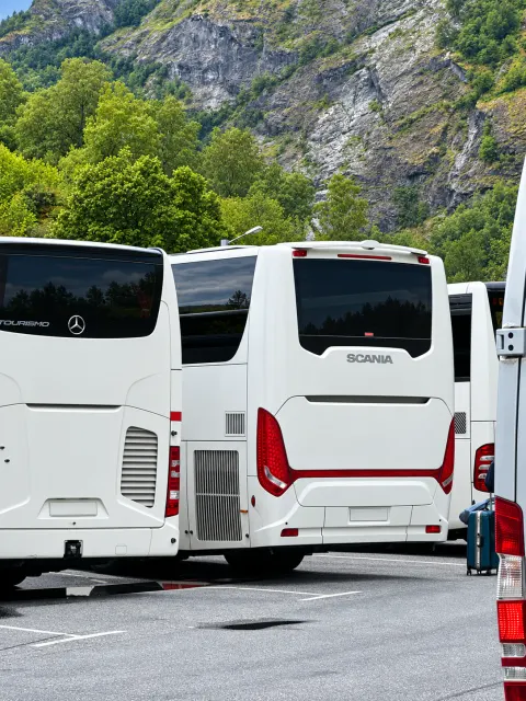 Due pullman parcheggiati ai piedi di una parete rocciosa