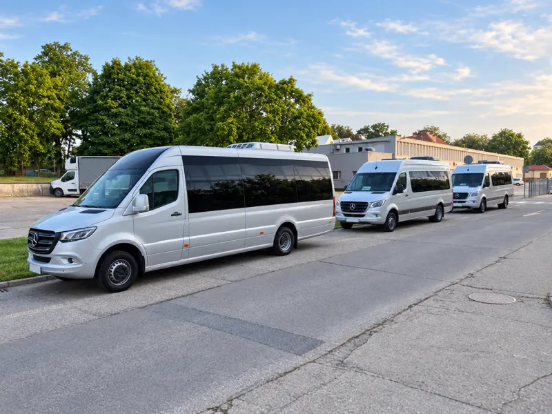 Tre minibus Mercedes Sprinter argento parcheggiati in fila lungo una strada